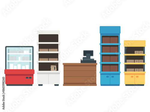 A colorful illustration of various retail store shelves and a cash register on a white background