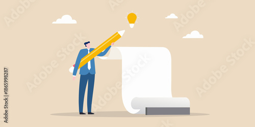 A man writing with a pencil that has a lightbulb on the end