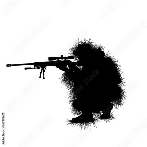Silhouette of a camouflaged sniper aiming a rifle.