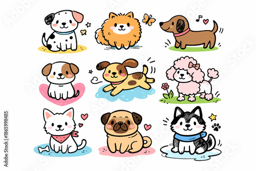 Cute cartoon dogs in various breeds and poses with fun expressions