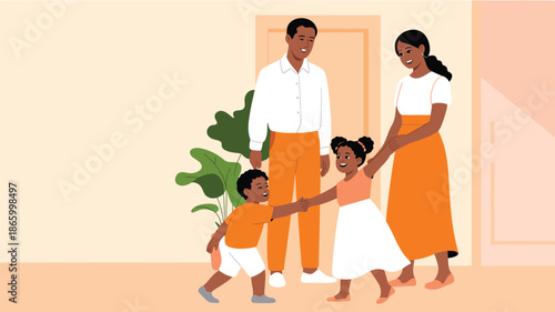  Happy family interaction indoors with parents and children bonding playfully in warm home setting with plant and cozy atmosphere