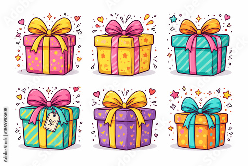 Colorful illustrated gift boxes with bows and decorative patterns