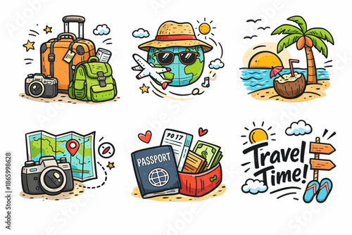 Cartoon travel icons featuring luggage, globe, beach, map, passport, and travel sign