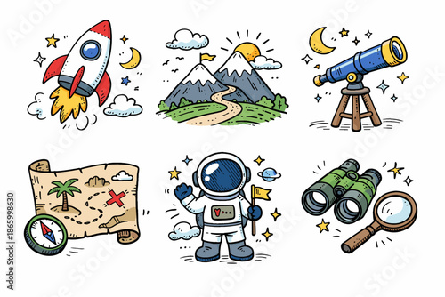 Colorful space adventure icons: rocket telescope astronaut and exploration elements