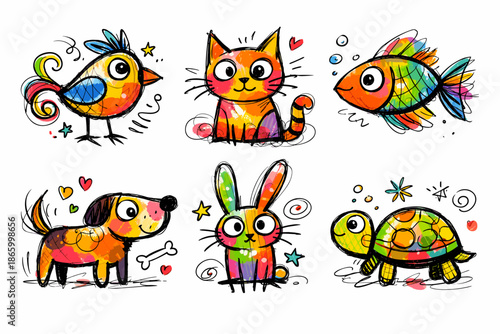 Colorful doodle animals – bird, cat, fish, dog, bunny, turtle in vibrant style