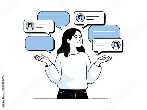 A woman surrounded by speech bubbles with profiles, symbolizing online communication and social interaction.