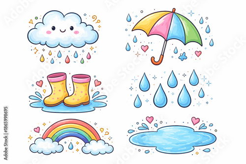 Cute weather doodles: happy clouds, rainbow, umbrella, boots, raindrops, puddle