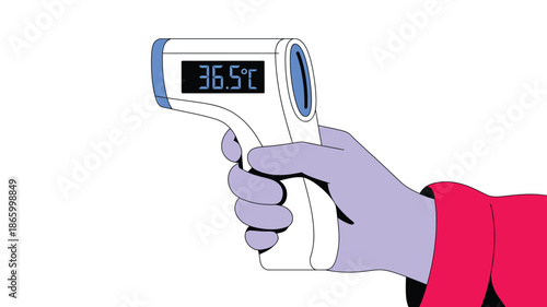  Digital infrared thermometer held by gloved hand showing 36.5°C body temperature, medical protective context, healthcare screening, non-contact measurement, infection control and safety illustration