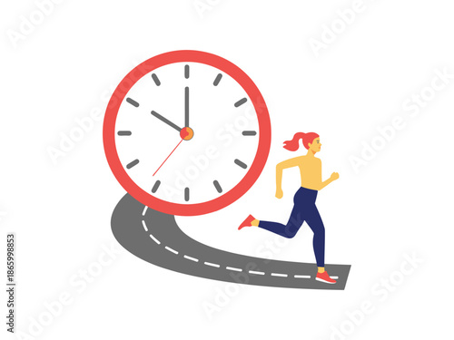 A cartoon woman runs on a road chasing a large clock, symbolizing urgency and time management.