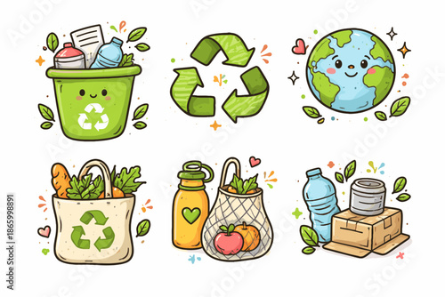 Adorable eco-friendly icons featuring recycling and sustainability themes