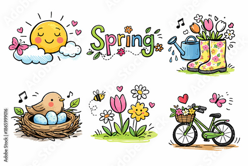 Colorful spring illustrations with sunshine, flowers, and cheerful elements