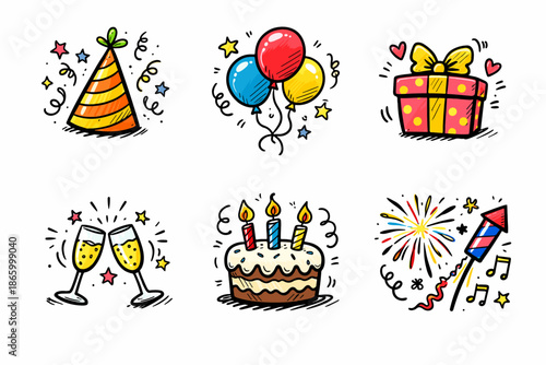 Colorful birthday celebration elements: cake, gift, balloons, hat, fireworks, glasses