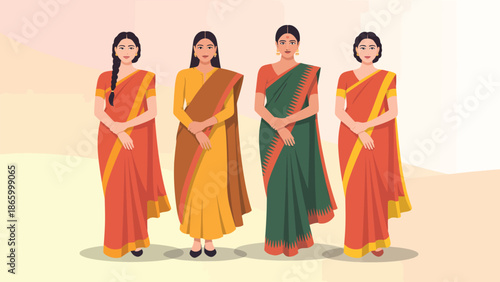  illustration of indian women wearing colorful sarees standing together representing traditional culture, diversity and festive ethnic fashion