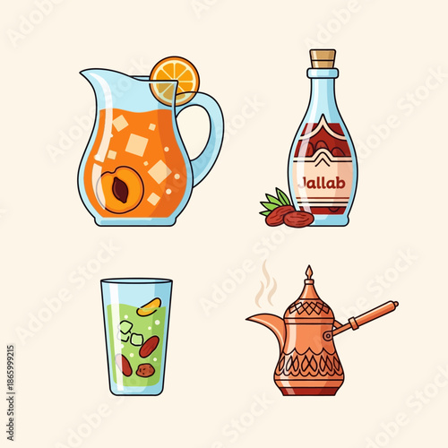 Refreshing beverages and traditional drinks including juice pitcher, cocktail glass, and coffee pot
