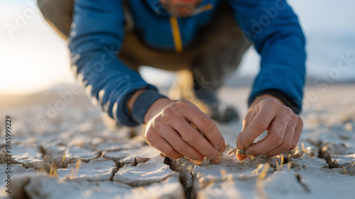 A remote winter geologist studying frost heave patterns in cracked soil, measuring ground shifts linked to climate change using handheld sensors. cinematic color correction, natural uneven lighting