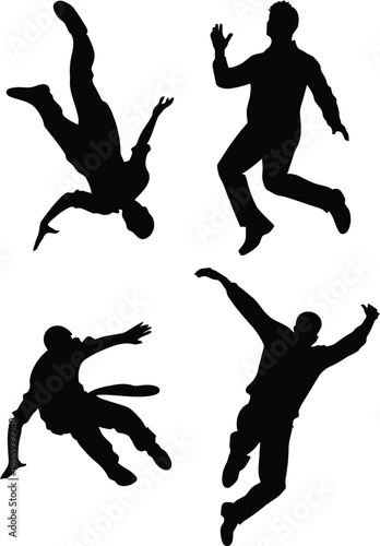Active men silhouettes jumping and running in a sports competition vector illustration featuring football and basketball players in action