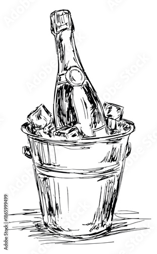 Hand drawn line art illustration of a champagne bottle in an ice bucket depicting a chilled beverage for a celebration
