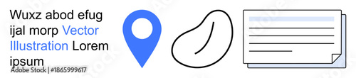 Navigation, map markers, abstract design, text layouts, creative elements, information graphics. Blue location marker, abstract bean shape and paperwork with text. Navigation and map markers concept