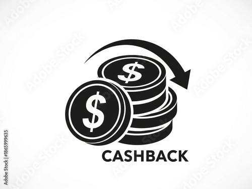 Cashback Icon with Coins, Dollar Signs, and Curved Arrow
