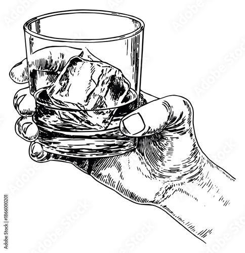 Hand drawn line art illustration of a hand holding a glass of ice depicting a refreshing drink for beverage advertising