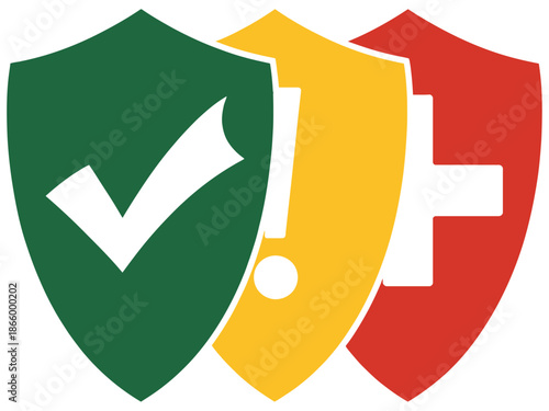 A graphic illustration of three shields in green, yellow, and red with white symbols representing protection and safety.