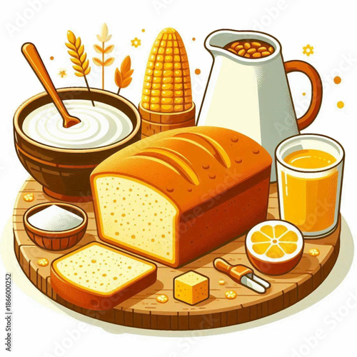 An arrangement of breakfast foods sits atop a round wooden board