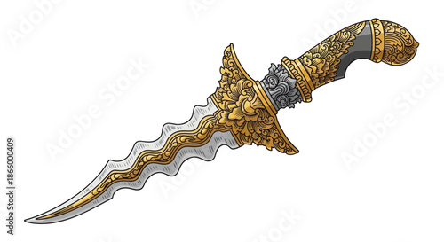 An ornate ceremonial dagger with a wavy serpentine blade and an intricately detailed golden hilt.