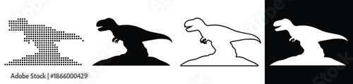 Diverse representations of a dinosaur silhouette showing evolution of design from pixelated to solid shapes.