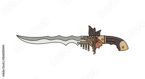 Fantasy Steampunk Dagger with Ornate Handle and Wavy Blade Illustration.