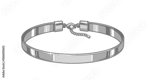 A classic silver metal bracelet with a secure clasp and safety chain shown in a monochrome illustration.