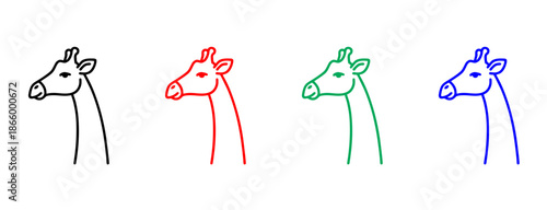 A minimalist set of four giraffe head profile outlines in black, red, green, and blue, designed as scalable vector graphics for wildlife branding, educational children's content, and artistic logos.