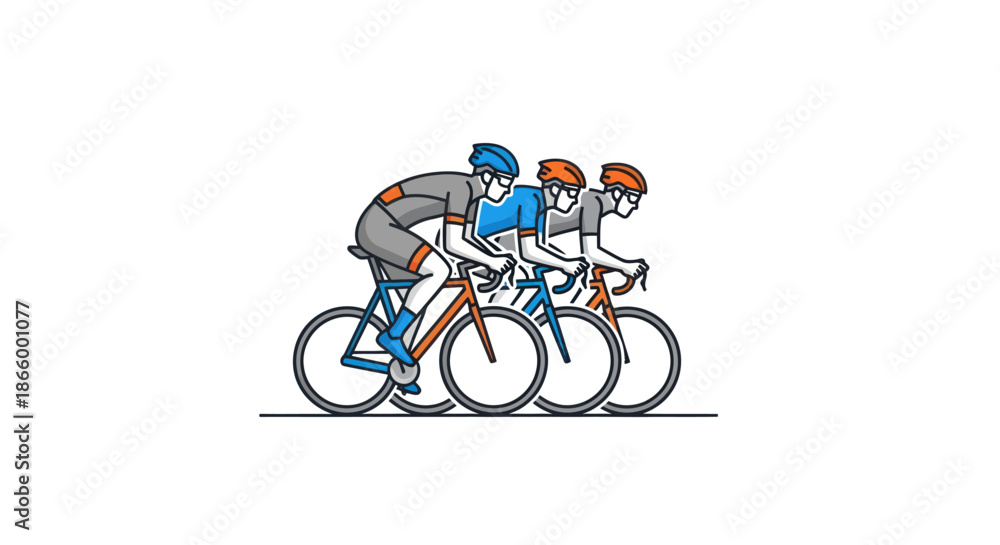 Obraz premium Three cyclists in a race wearing helmets and cycling gear in a dynamic line formation.