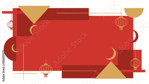 A festive red and gold abstract background with geometric shapes, lanterns, and crescent moons, suitable for cultural celebrations.