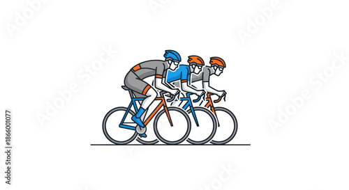 Three cyclists in a race wearing helmets and cycling gear in a dynamic line formation.