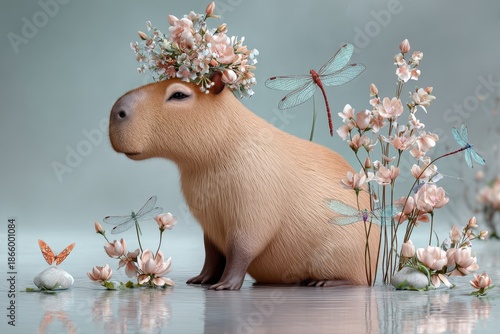 3d illustration of a cute capybara wearing a floral crown sitting in water surrounded by cherry blossoms and dragonflies, artistic animal portrait for greeting cards and whimsical designs