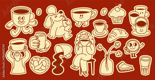 Vector sticker and badge design template, hand drawn doodle sketchy characters and mascots, specialty coffee shops, bakery and cafe emblems