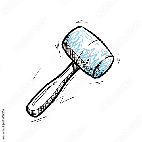 Rubber mallet with blue head and black handle in sketched style  