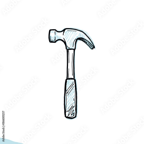Sketch of a hammer with a wooden handle and metallic head  