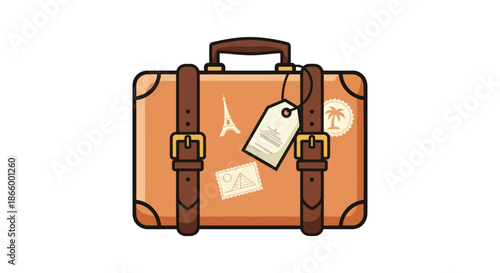 Vintage Brown Suitcase with Travel Stickers and Luggage Tag.