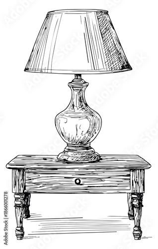 Hand drawn line art illustration of a table lamp on a bedside table depicting home furniture for interior design