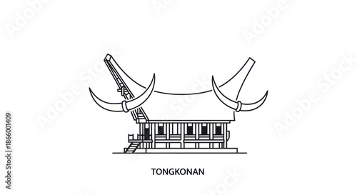 Traditional Indonesian Tongkonan House Line Art Illustration.