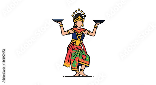 A traditional Indonesian female dancer in an ornate costume and headdress performing the Tari Piring plate dance.