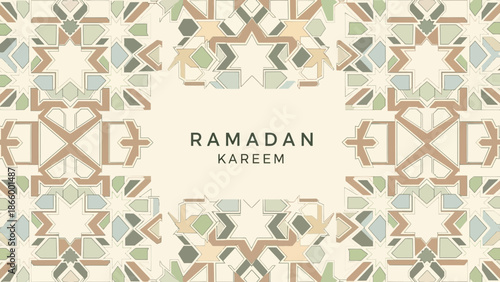 Ramadan Kareem greeting card with intricate Islamic geometric patterns in muted earthy tones, featuring stars and polygons.