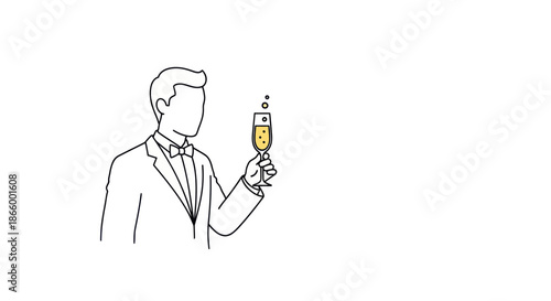 A dapper gentleman in a tuxedo raises a glass of bubbly champagne for a toast.