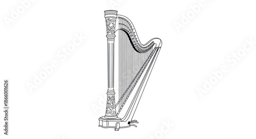 Detailed Line Drawing of an Ornate Concert Harp.