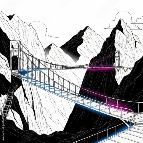 A bridge spans a deep mountain chasm towers at each end blackwhite landscape bluepink glow on bridge
