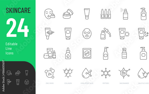 Skincare Line Editable Icons set. Vector illustration in modern thin style of beauty related icons: face and body care cosmetics products, active ingredients, and more. Isolated on transparent backgr