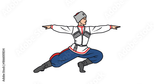A man in a traditional Caucasian folk costume performing a dynamic dance pose with outstretched arms.