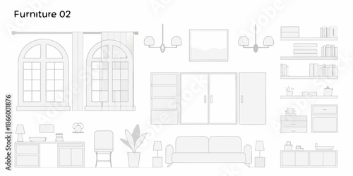 Minimalist furniture set illustration windows cabinets sofa and shelving design elements