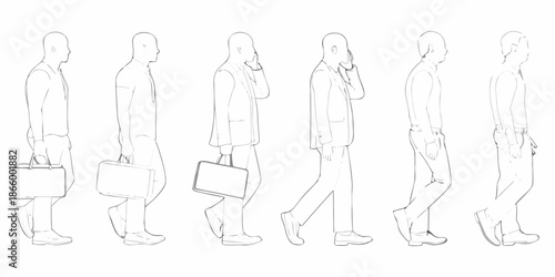 Line art illustration depicting six men in suits walking in different poses